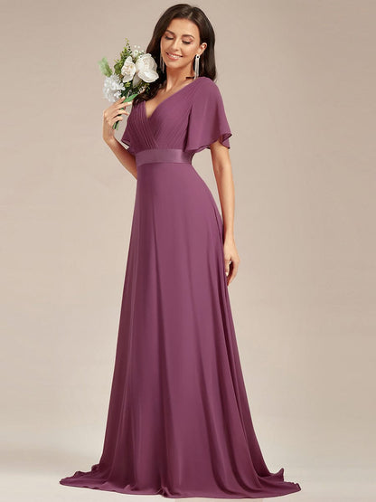 ever MONICA|Long Empire Waist Bridesmaid Dress with Short Flutter Sleeves