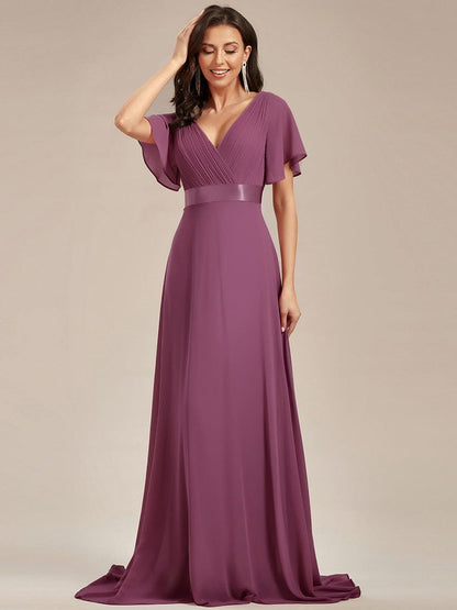 ever MONICA|Long Empire Waist Bridesmaid Dress with Short Flutter Sleeves