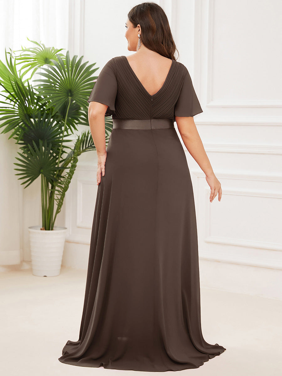 pretty MONICA|Plus Size Empire Waist V Back Bridesmaid Dress with Short Sleeves