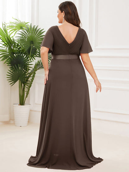 pretty MONICA|Plus Size Empire Waist V Back Bridesmaid Dress with Short Sleeves