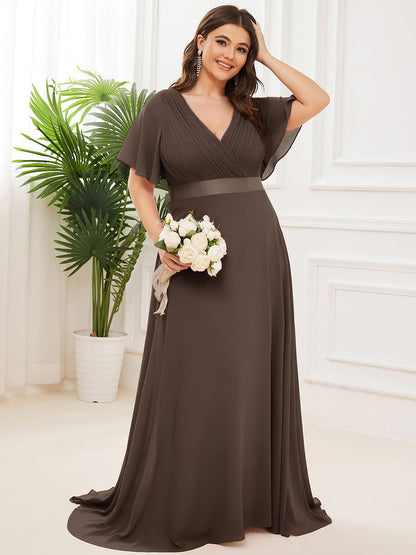 ever MONICA|Long Empire Waist Bridesmaid Dress with Short Flutter Sleeves