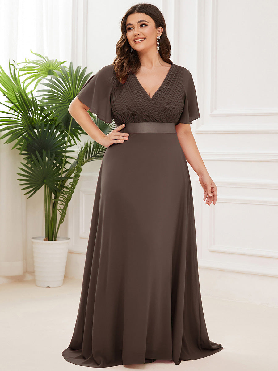 ever MONICA|Long Empire Waist Bridesmaid Dress with Short Flutter Sleeves