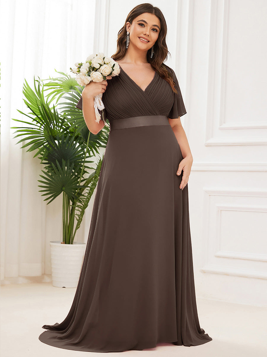 ever MONICA|Long Empire Waist Bridesmaid Dress with Short Flutter Sleeves
