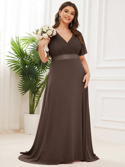 ever MONICA|Long Empire Waist Bridesmaid Dress with Short Flutter Sleeves