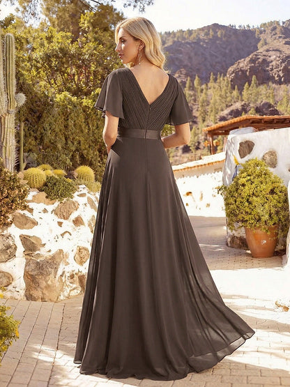 ever MONICA|Long Empire Waist Bridesmaid Dress with Short Flutter Sleeves