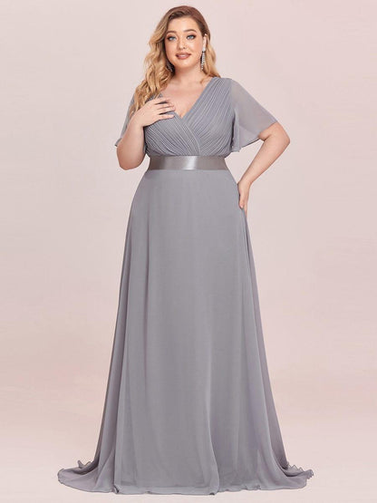 pretty MONICA|Plus Size Empire Waist V Back Bridesmaid Dress with Short Sleeves
