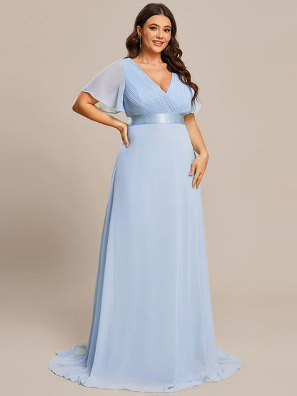 pretty MONICA|Plus Size Empire Waist V Back Bridesmaid Dress with Short Sleeves