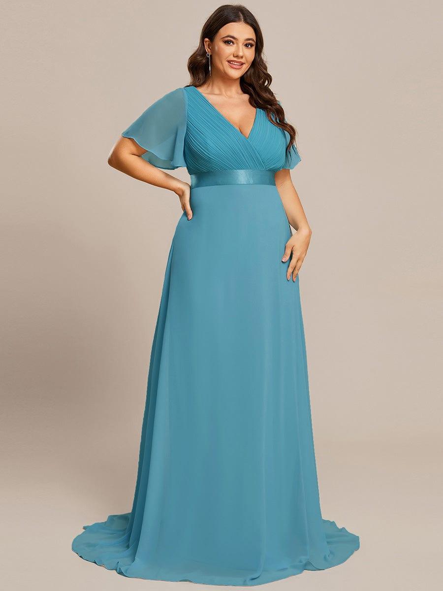ever MONICA|Long Empire Waist Bridesmaid Dress with Short Flutter Sleeves