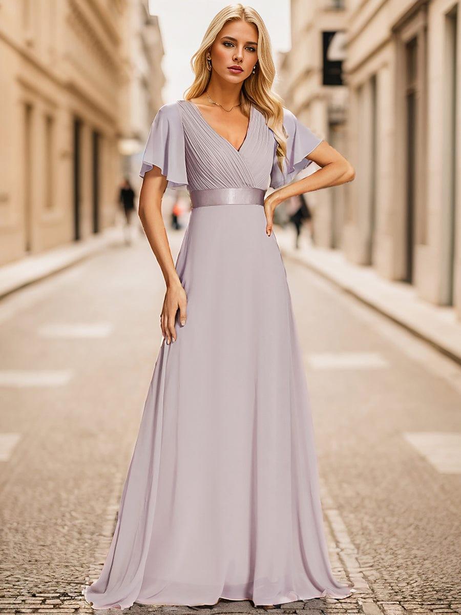 ever MONICA|Long Empire Waist Bridesmaid Dress with Short Flutter Sleeves