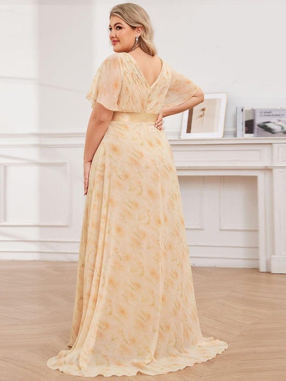 pretty MONICA|Plus Size Empire Waist V Back Bridesmaid Dress with Short Sleeves