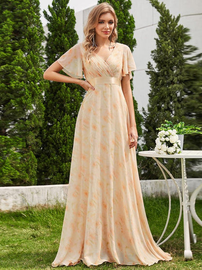 ever MONICA|Long Empire Waist Bridesmaid Dress with Short Flutter Sleeves