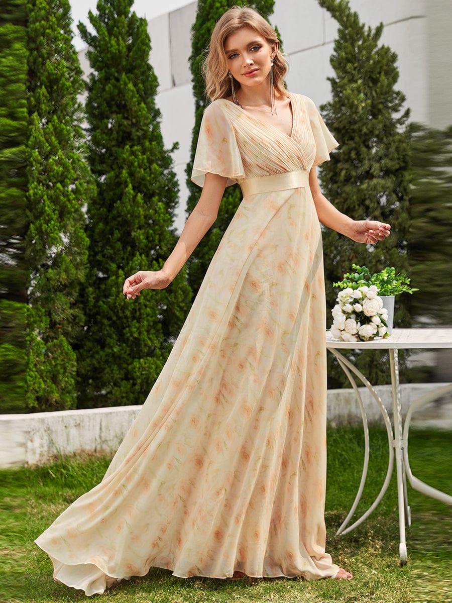 ever MONICA|Long Empire Waist Bridesmaid Dress with Short Flutter Sleeves