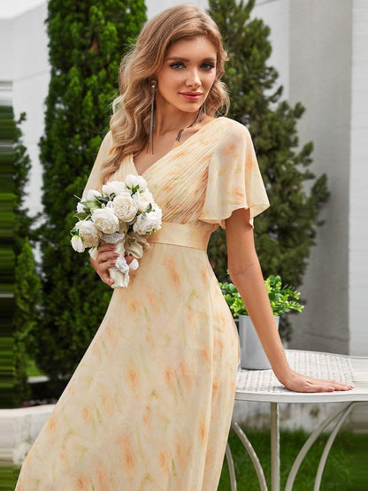 ever MONICA|Long Empire Waist Bridesmaid Dress with Short Flutter Sleeves