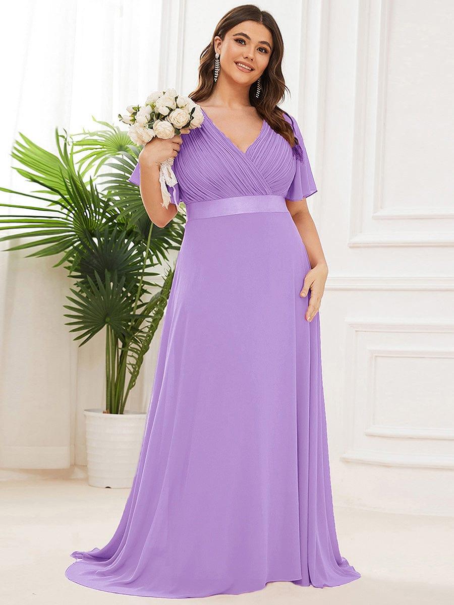 pretty MONICA|Plus Size Empire Waist V Back Bridesmaid Dress with Short Sleeves