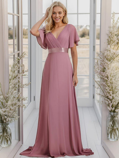 ever MONICA|Long Empire Waist Bridesmaid Dress with Short Flutter Sleeves