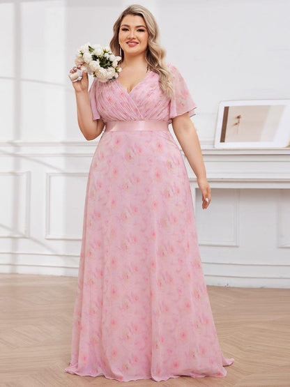 ever MONICA|Long Empire Waist Bridesmaid Dress with Short Flutter Sleeves