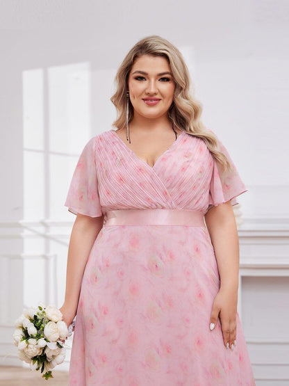 ever MONICA|Long Empire Waist Bridesmaid Dress with Short Flutter Sleeves