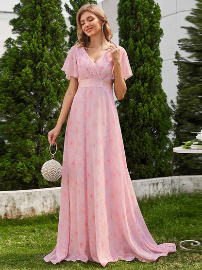 ever MONICA|Long Empire Waist Bridesmaid Dress with Short Flutter Sleeves