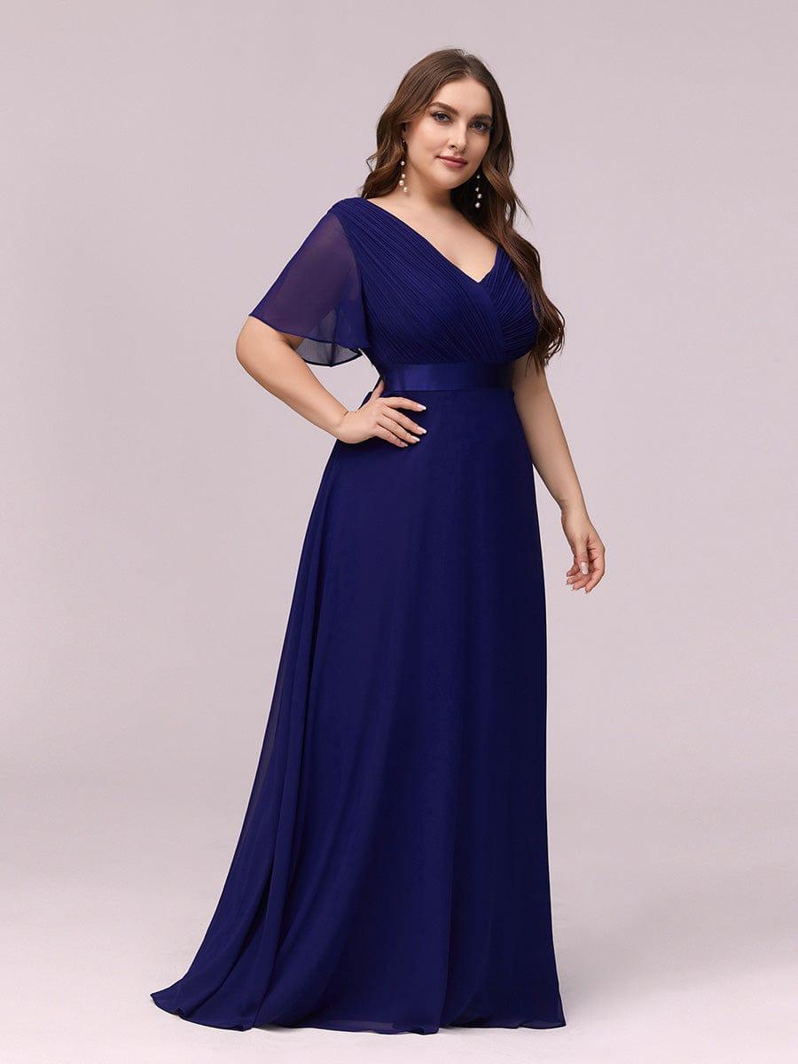 pretty MONICA|Plus Size Empire Waist V Back Bridesmaid Dress with Short Sleeves
