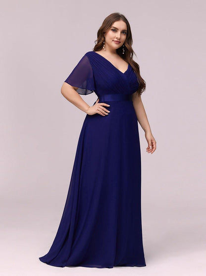pretty MONICA|Plus Size Empire Waist V Back Bridesmaid Dress with Short Sleeves