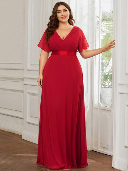pretty MONICA|Plus Size Empire Waist V Back Bridesmaid Dress with Short Sleeves