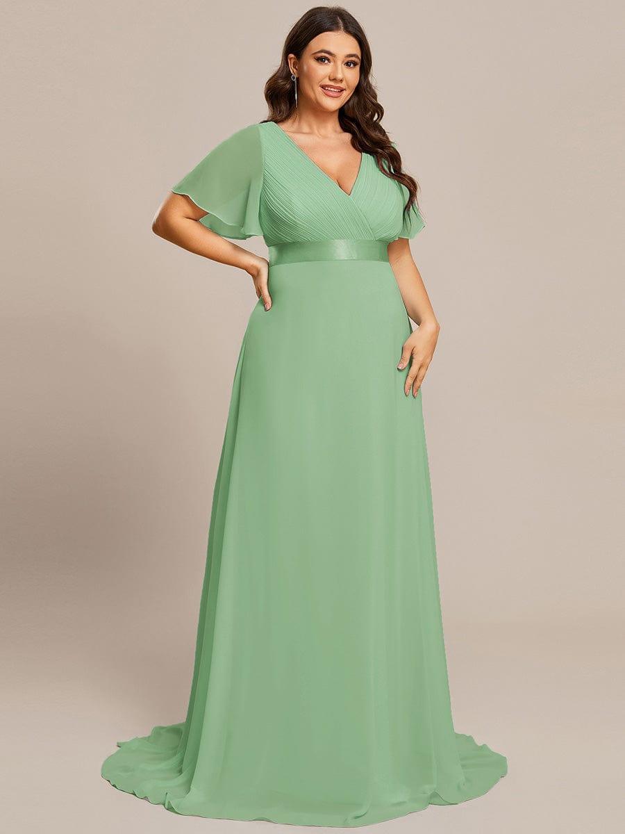 pretty MONICA|Plus Size Empire Waist V Back Bridesmaid Dress with Short Sleeves