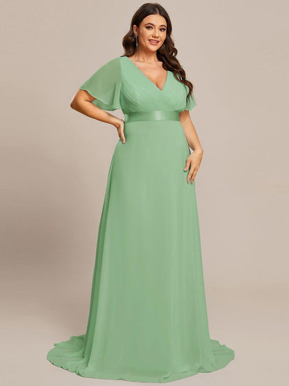pretty MONICA|Plus Size Empire Waist V Back Bridesmaid Dress with Short Sleeves