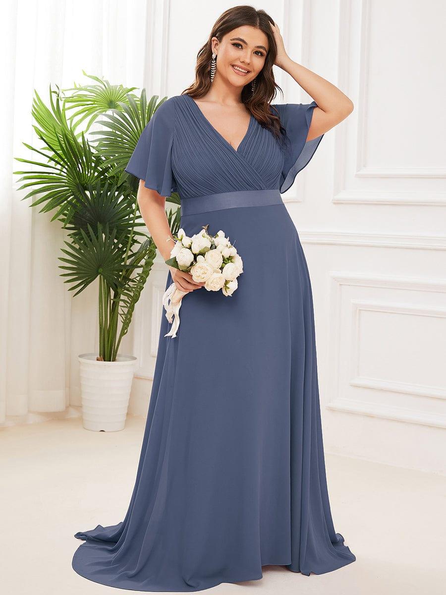ever MONICA|Long Empire Waist Bridesmaid Dress with Short Flutter Sleeves