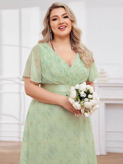 pretty MONICA|Plus Size Empire Waist V Back Bridesmaid Dress with Short Sleeves