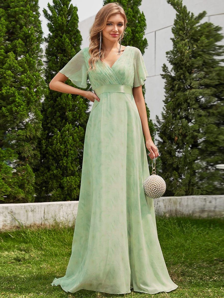 ever MONICA|Long Empire Waist Bridesmaid Dress with Short Flutter Sleeves