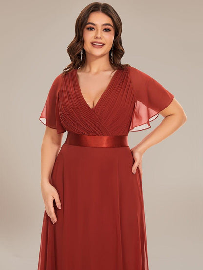 pretty MONICA|Plus Size Empire Waist V Back Bridesmaid Dress with Short Sleeves