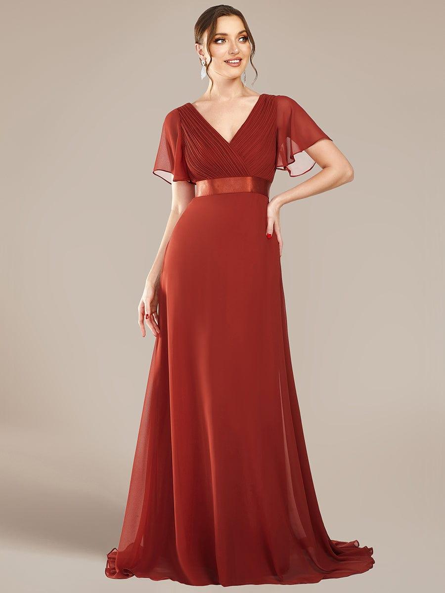 ever MONICA|Long Empire Waist Bridesmaid Dress with Short Flutter Sleeves