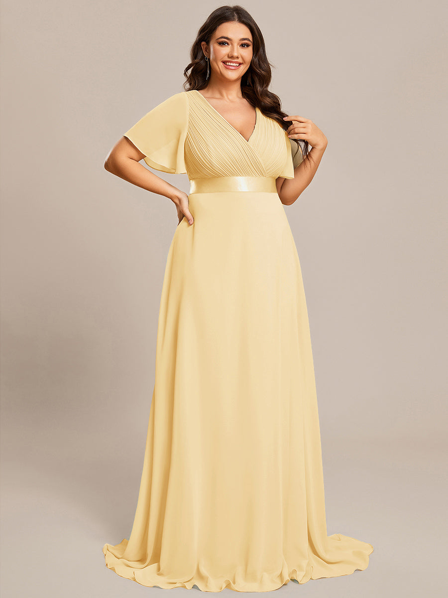 ever MONICA|Long Empire Waist Bridesmaid Dress with Short Flutter Sleeves
