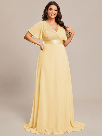 ever MONICA|Long Empire Waist Bridesmaid Dress with Short Flutter Sleeves