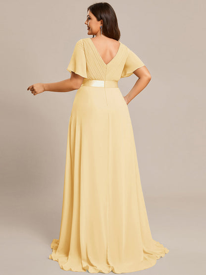 ever MONICA|Long Empire Waist Bridesmaid Dress with Short Flutter Sleeves
