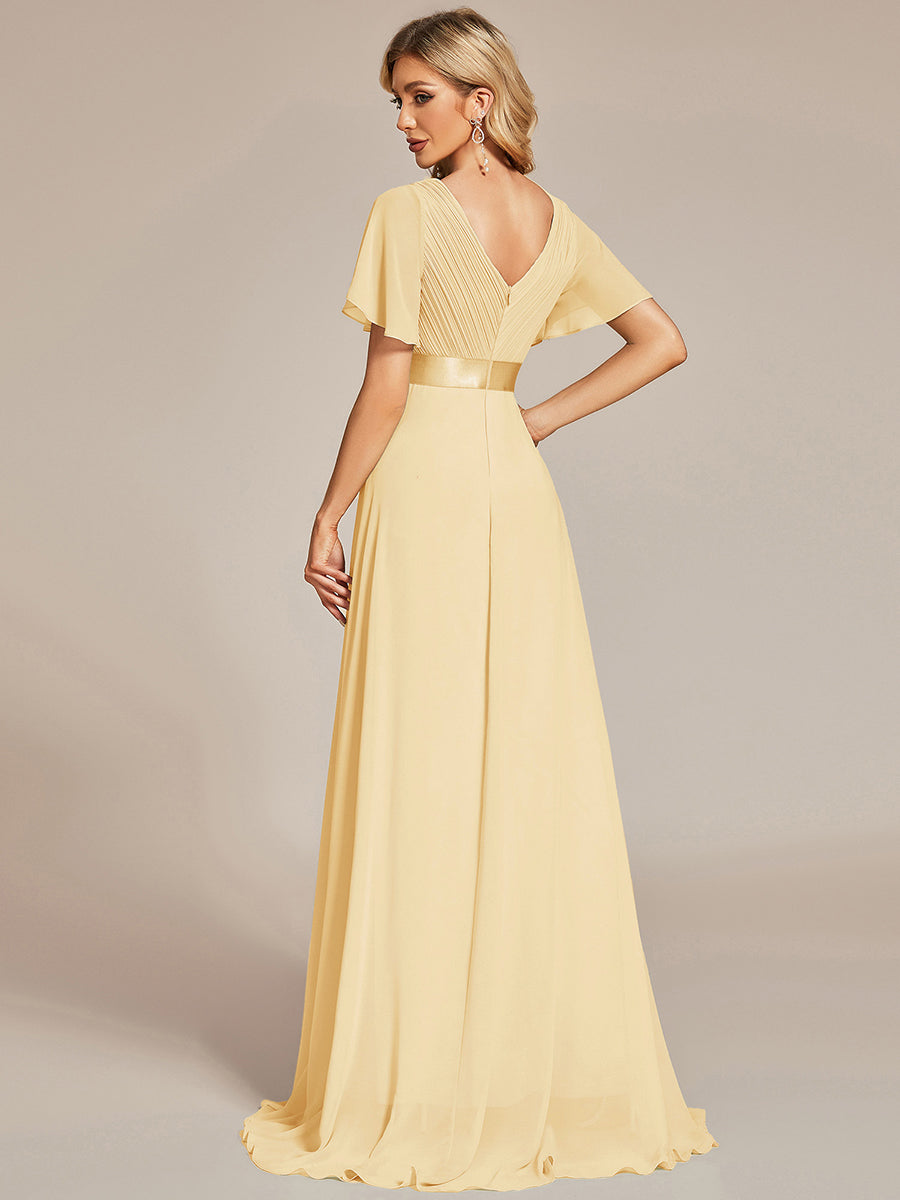 ever MONICA|Long Empire Waist Bridesmaid Dress with Short Flutter Sleeves