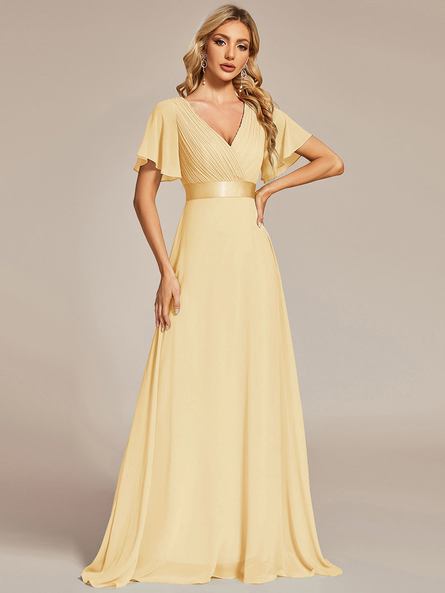 ever MONICA|Long Empire Waist Bridesmaid Dress with Short Flutter Sleeves