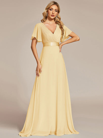 ever MONICA|Long Empire Waist Bridesmaid Dress with Short Flutter Sleeves