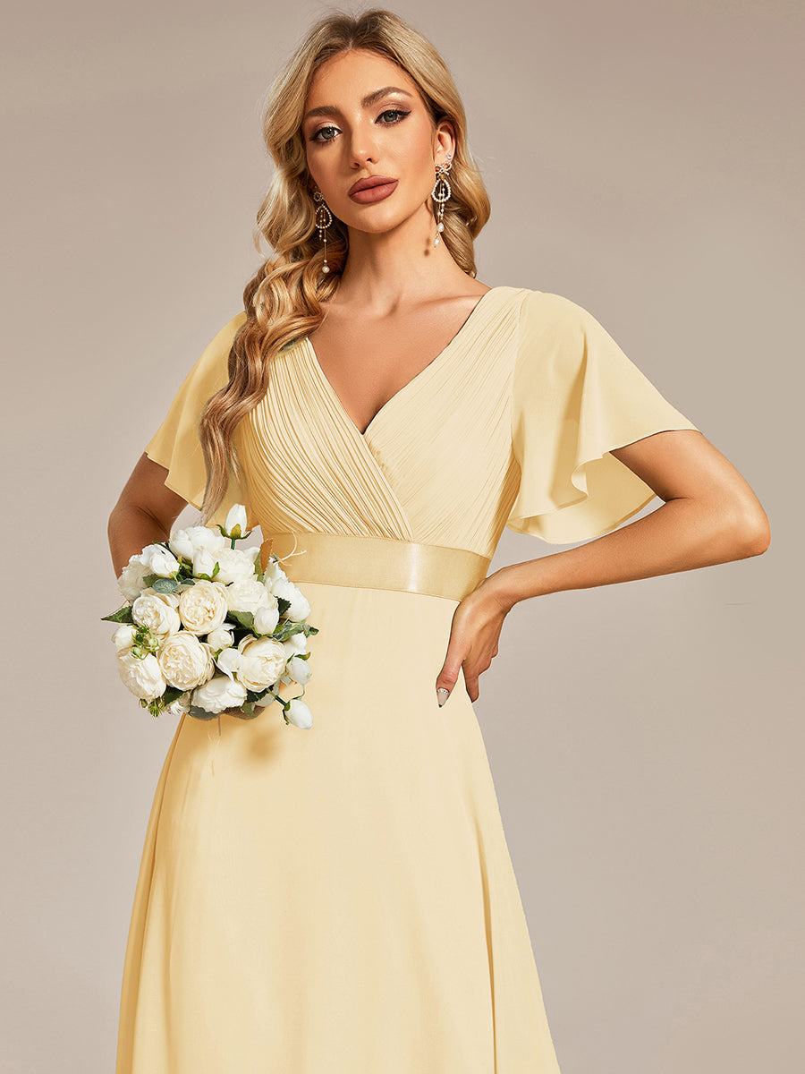 ever MONICA|Long Empire Waist Bridesmaid Dress with Short Flutter Sleeves