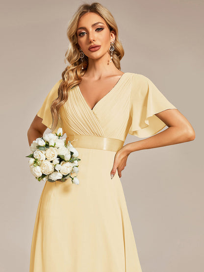 ever MONICA|Long Empire Waist Bridesmaid Dress with Short Flutter Sleeves