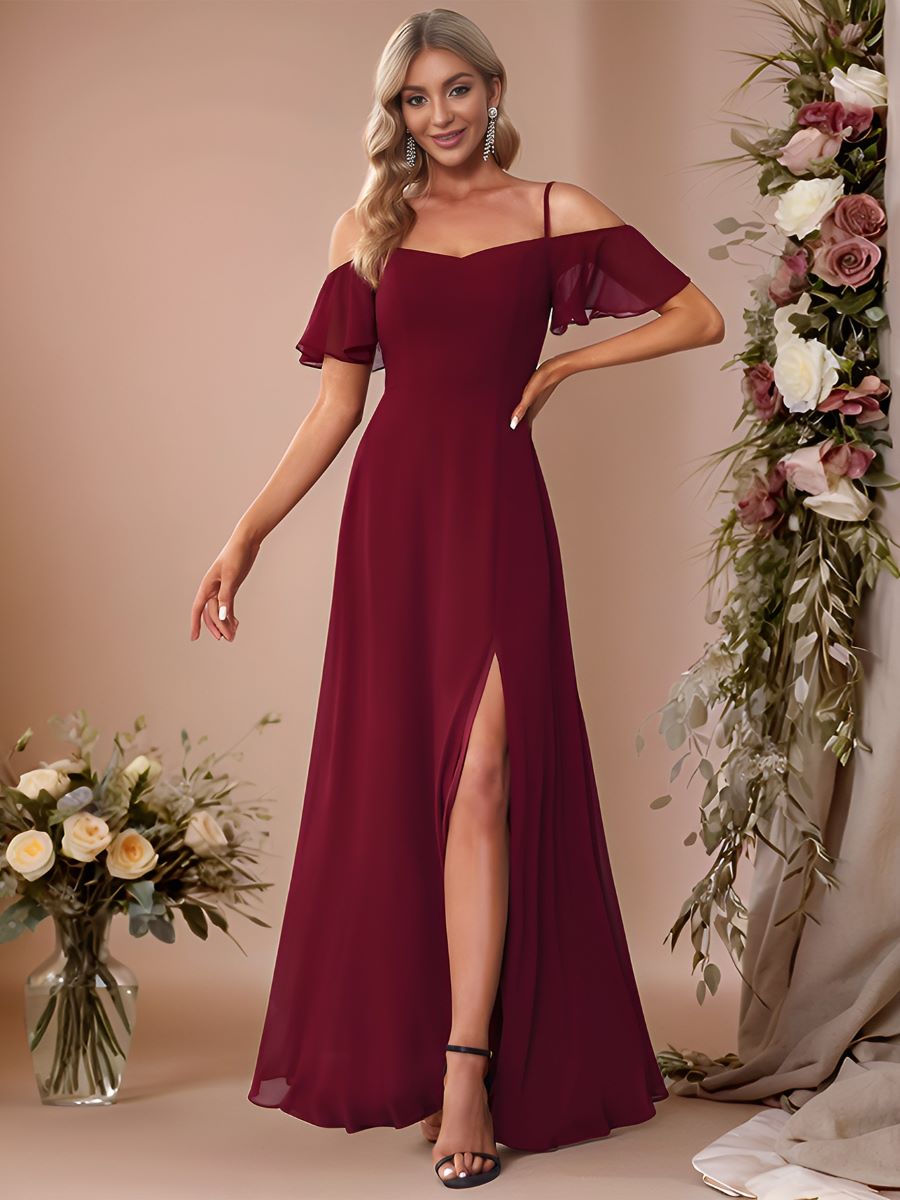 ever REYA|Stylish Cold Shoulder Flare Sleeves Flowy Bridesmaid Dress