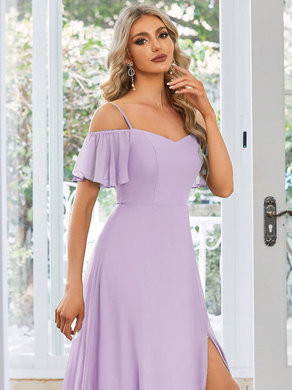 ever REYA|Off Shoulder High Slit Chiffon Flowy Bridesmaid Dress