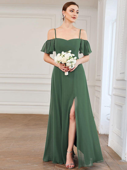 ever REYA|Stylish Cold Shoulder Flare Sleeves Flowy Bridesmaid Dress