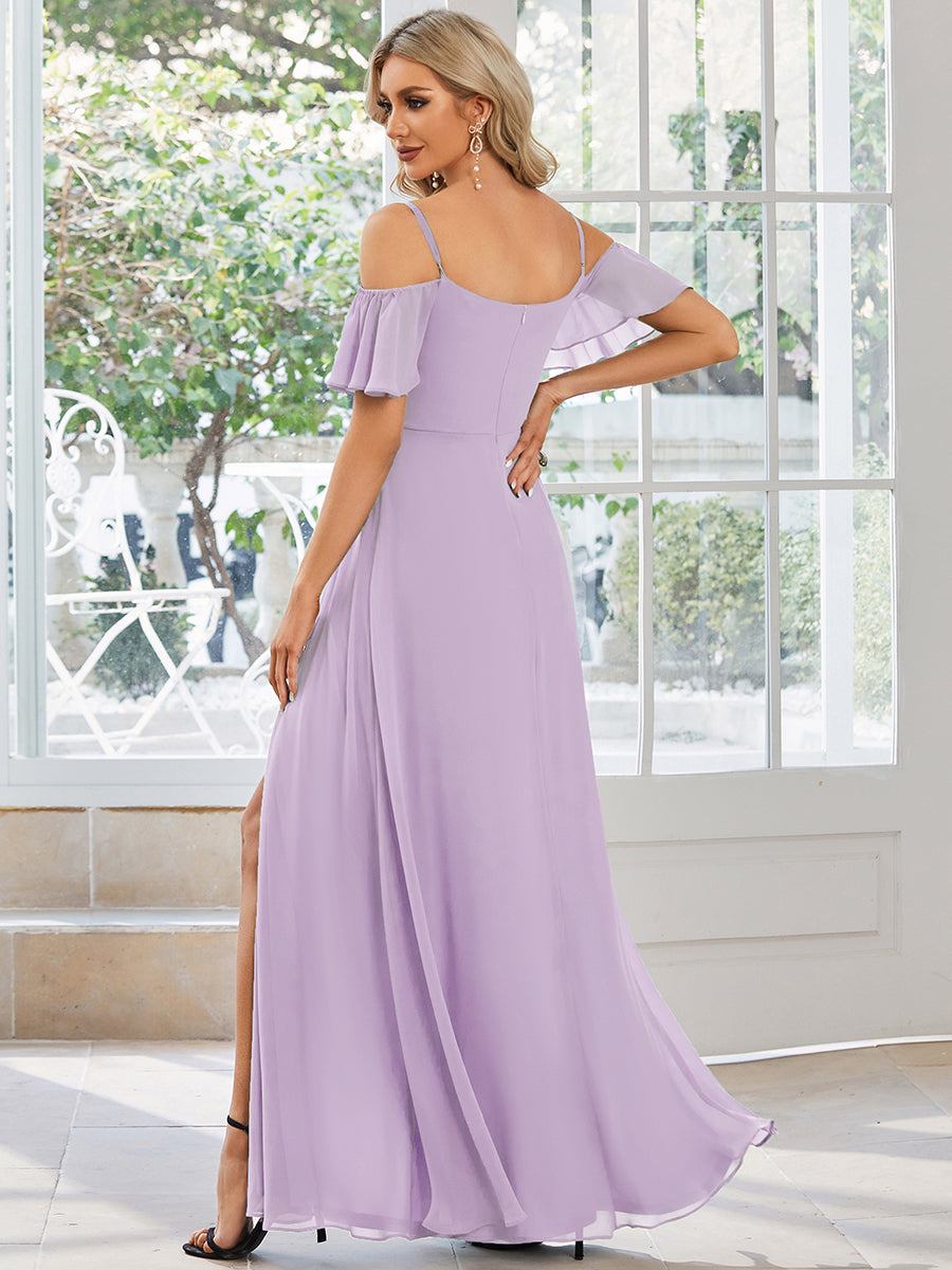 ever REYA|Off Shoulder High Slit Chiffon Flowy Bridesmaid Dress