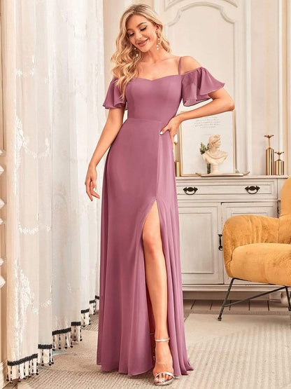 ever REYA|Cold Shoulder High Slit Chiffon Wedding Guest Dress