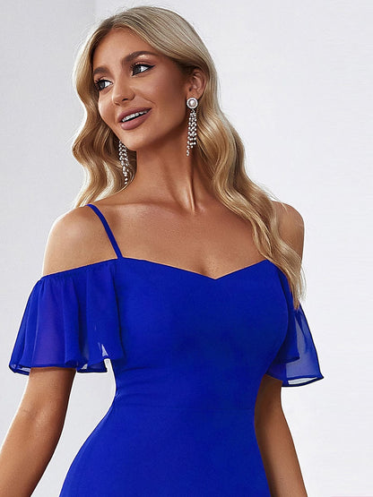 ever REYA|Off Shoulder High Slit Chiffon Flowy Bridesmaid Dress