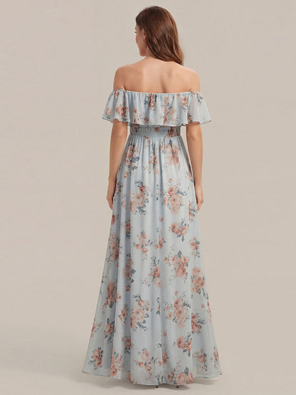 ever ÉMILE|Off the Shoulder Ruffle Bodice Long Flowy Chiffon Bridesmaid Dress