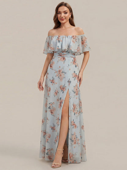 ever ÉMILE|Off the Shoulder Ruffle Bodice Long Flowy Chiffon Bridesmaid Dress