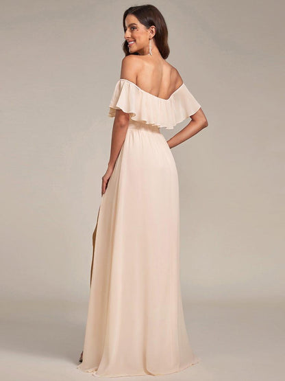 ever ÉMILE|Off the Shoulder Ruffle Bodice Long Flowy Chiffon Bridesmaid Dress