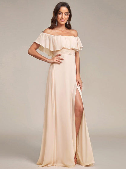 ever ÉMILE|Off the Shoulder Ruffle Bodice Long Flowy Chiffon Bridesmaid Dress